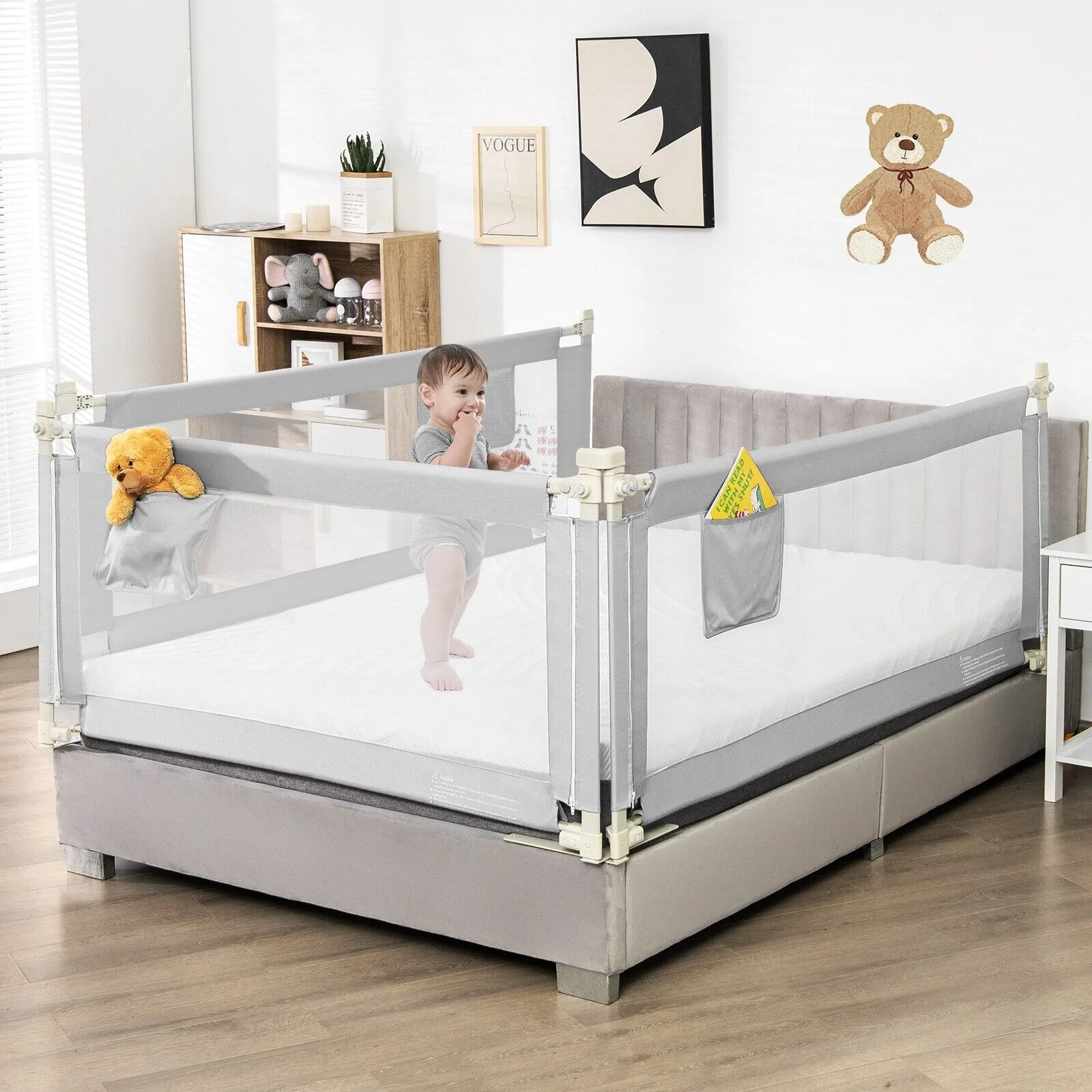 175 cm Infant Safety Bed Guardrail with Anti-Collision Cotton and Side Pocket-Grey