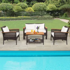 4 Pieces Outdoor Patio Furniture Set with Loveseat and Coffee Table