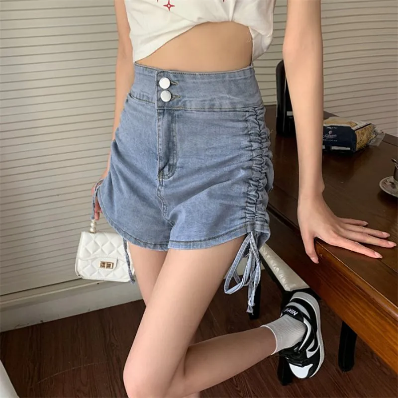 A-Line Drawstring High-Waisted Denim Shorts