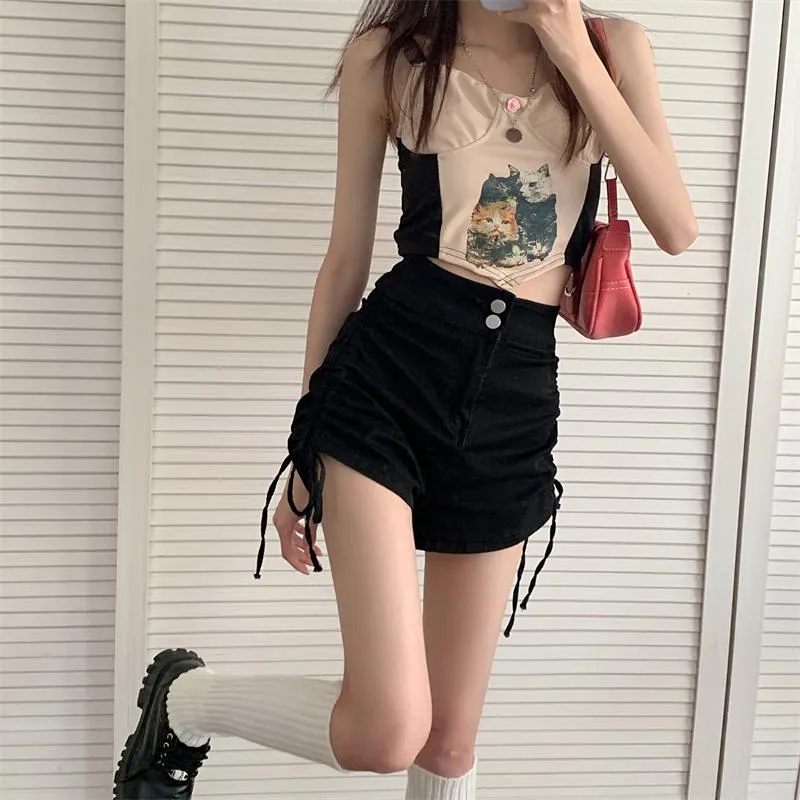 A-Line Drawstring High-Waisted Denim Shorts