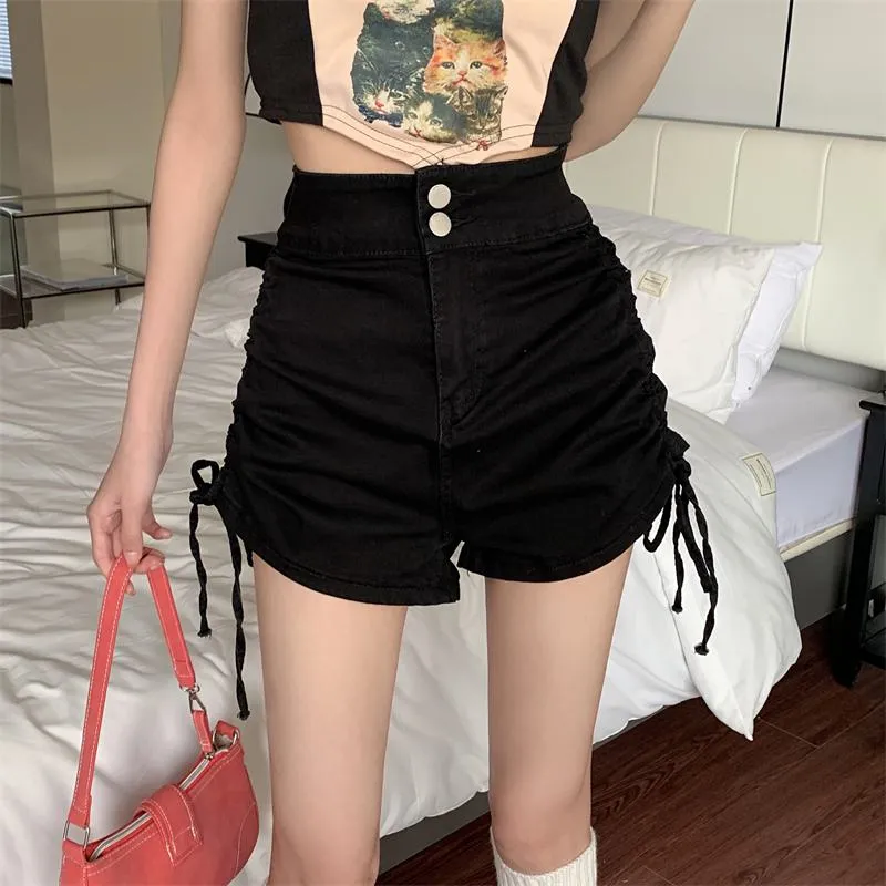 A-Line Drawstring High-Waisted Denim Shorts