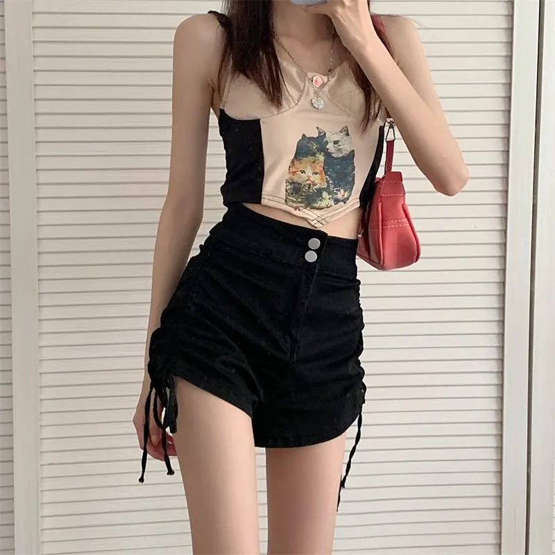 A-Line Drawstring High-Waisted Denim Shorts