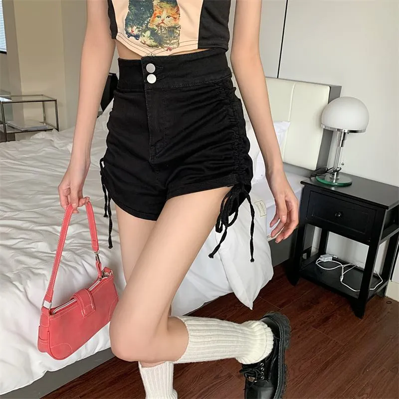 A-Line Drawstring High-Waisted Denim Shorts