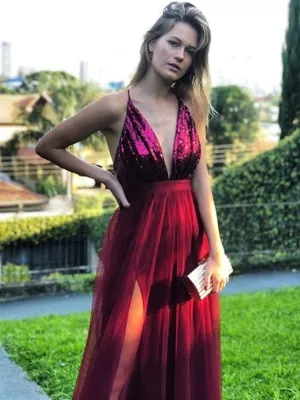 A Line V Neck Backless Sequins Top Burgundy Prom with Slit, V Neck Backless Burgundy Formal, Burgundy Evening