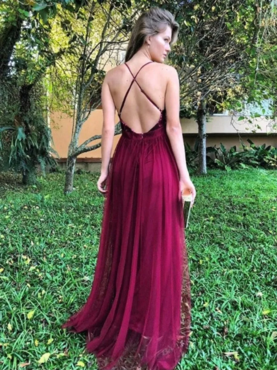 A Line V Neck Backless Sequins Top Burgundy Prom with Slit, V Neck Backless Burgundy Formal, Burgundy Evening