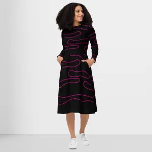 All-Over Print Long Sleeve Midi Dress With Pockets, Line Art Evening Black Dress Printed Gift Dress