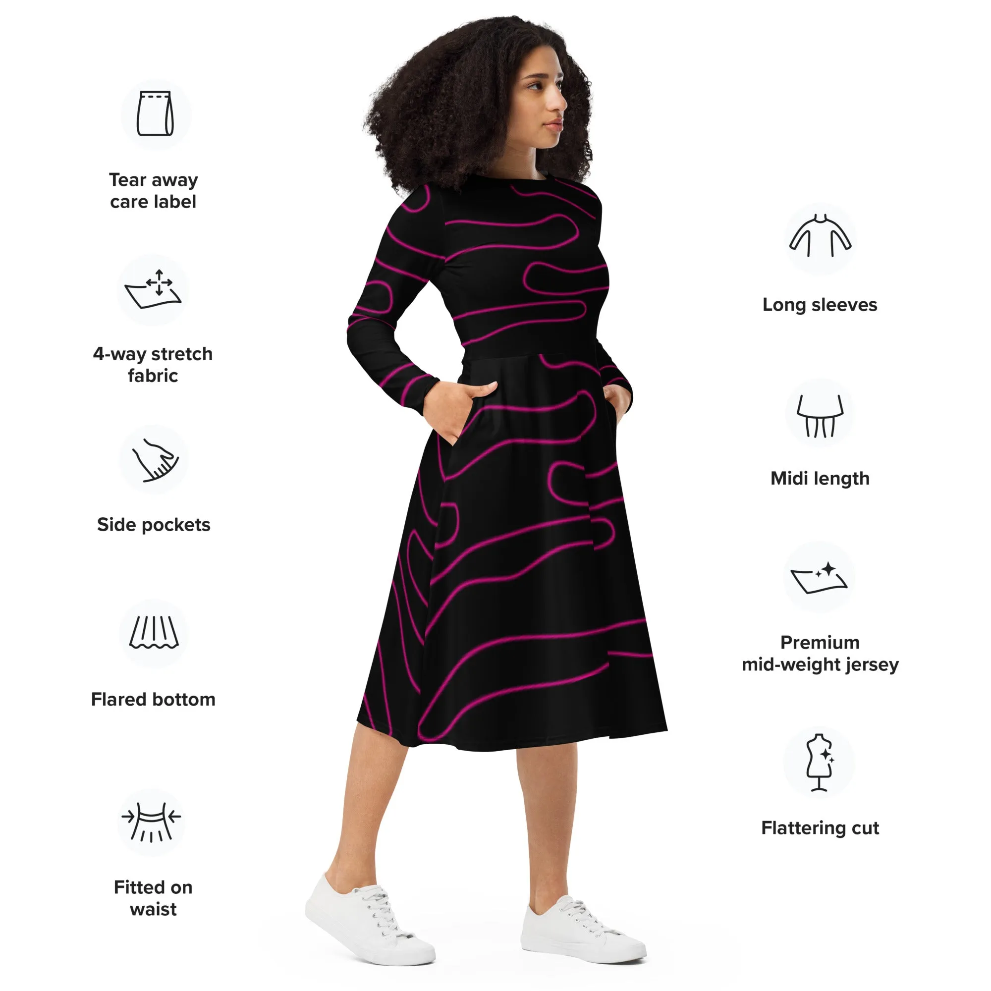 All-Over Print Long Sleeve Midi Dress With Pockets, Line Art Evening Black Dress Printed Gift Dress