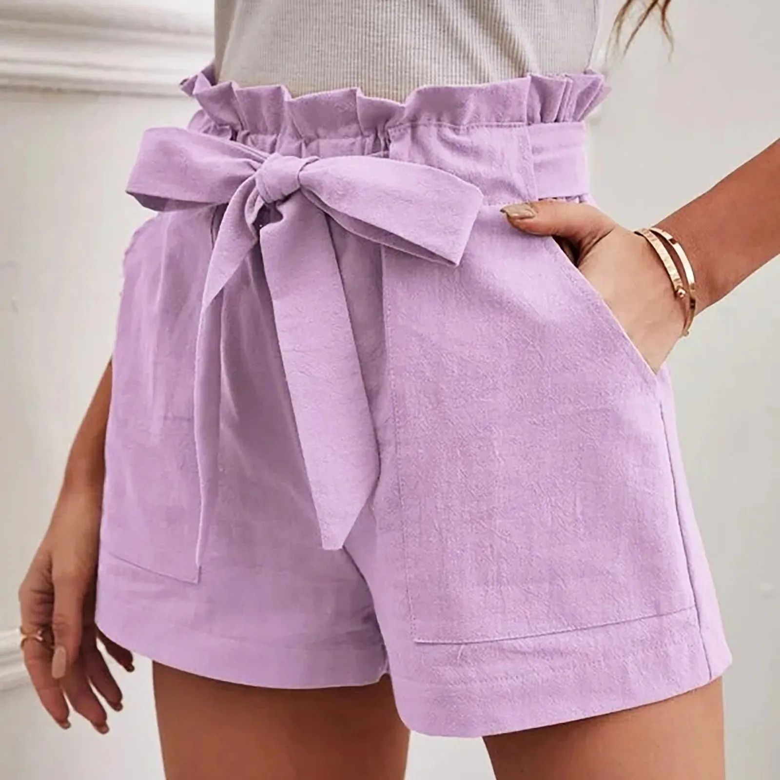 Casual Lace Up Elastic Waist Summer Shorts with Pockets