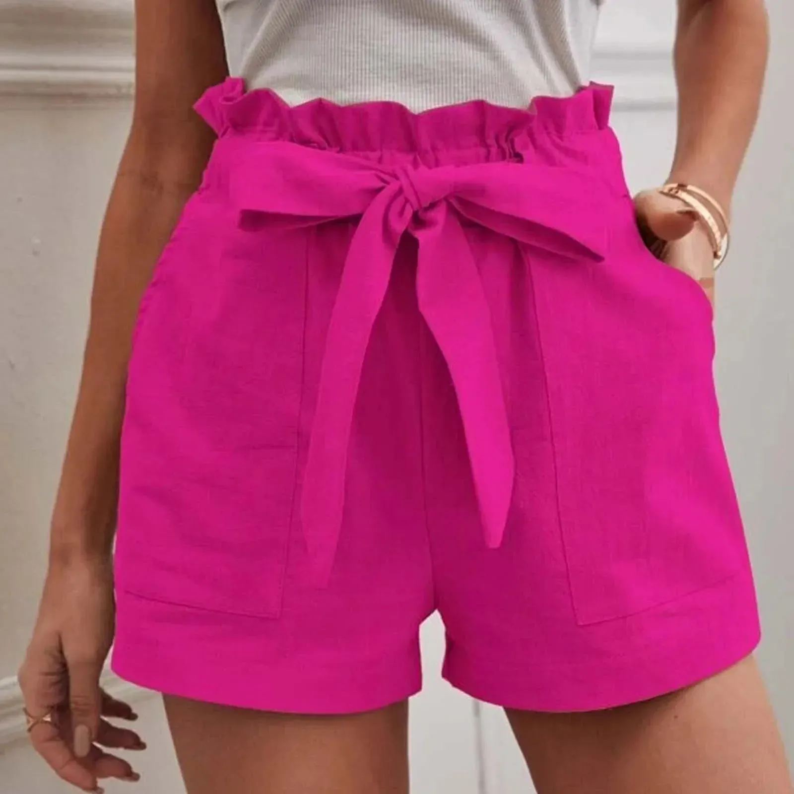 Casual Lace Up Elastic Waist Summer Shorts with Pockets