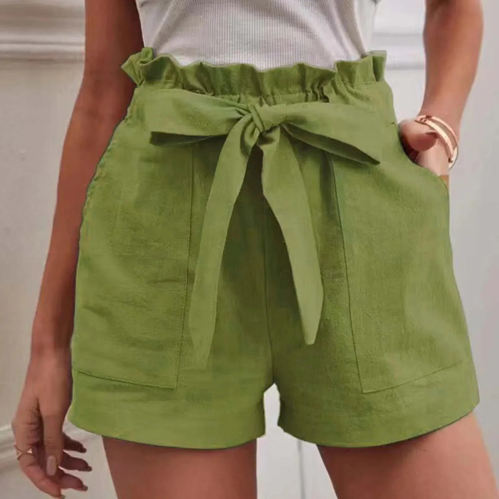 Casual Lace Up Elastic Waist Summer Shorts with Pockets