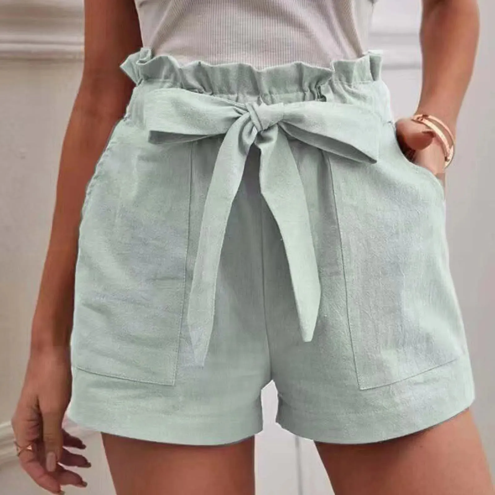 Casual Lace Up Elastic Waist Summer Shorts with Pockets