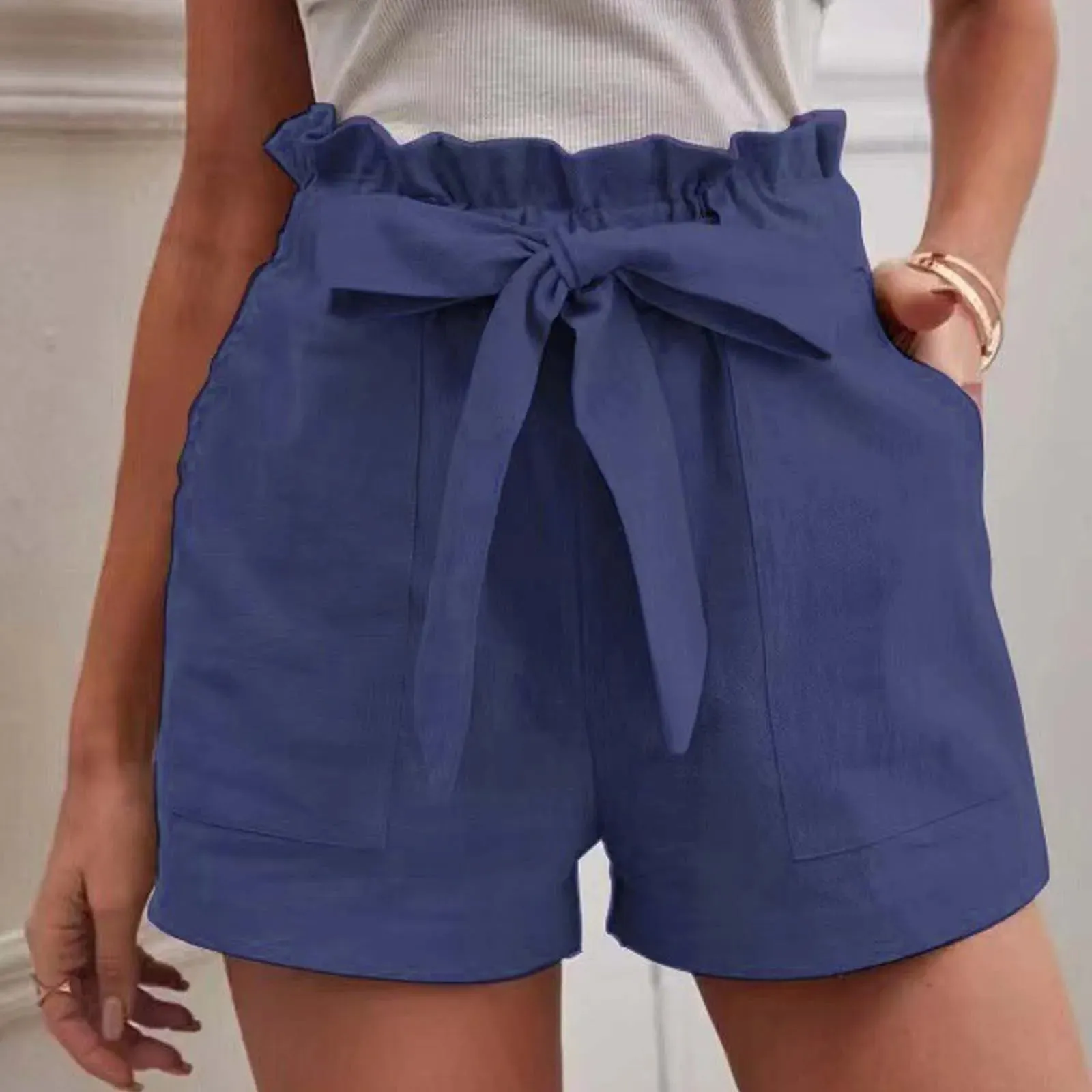 Casual Lace Up Elastic Waist Summer Shorts with Pockets