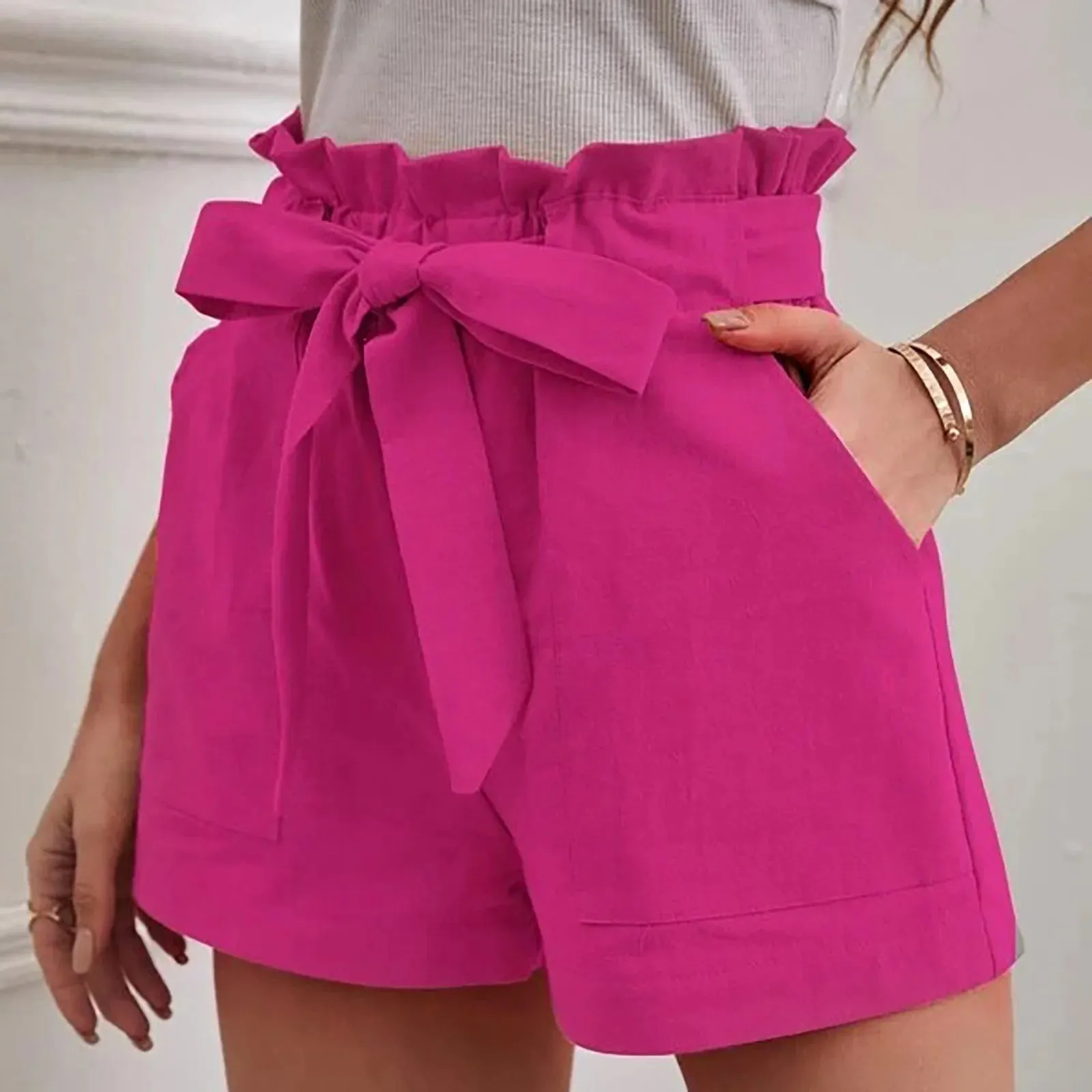 Casual Lace Up Elastic Waist Summer Shorts with Pockets