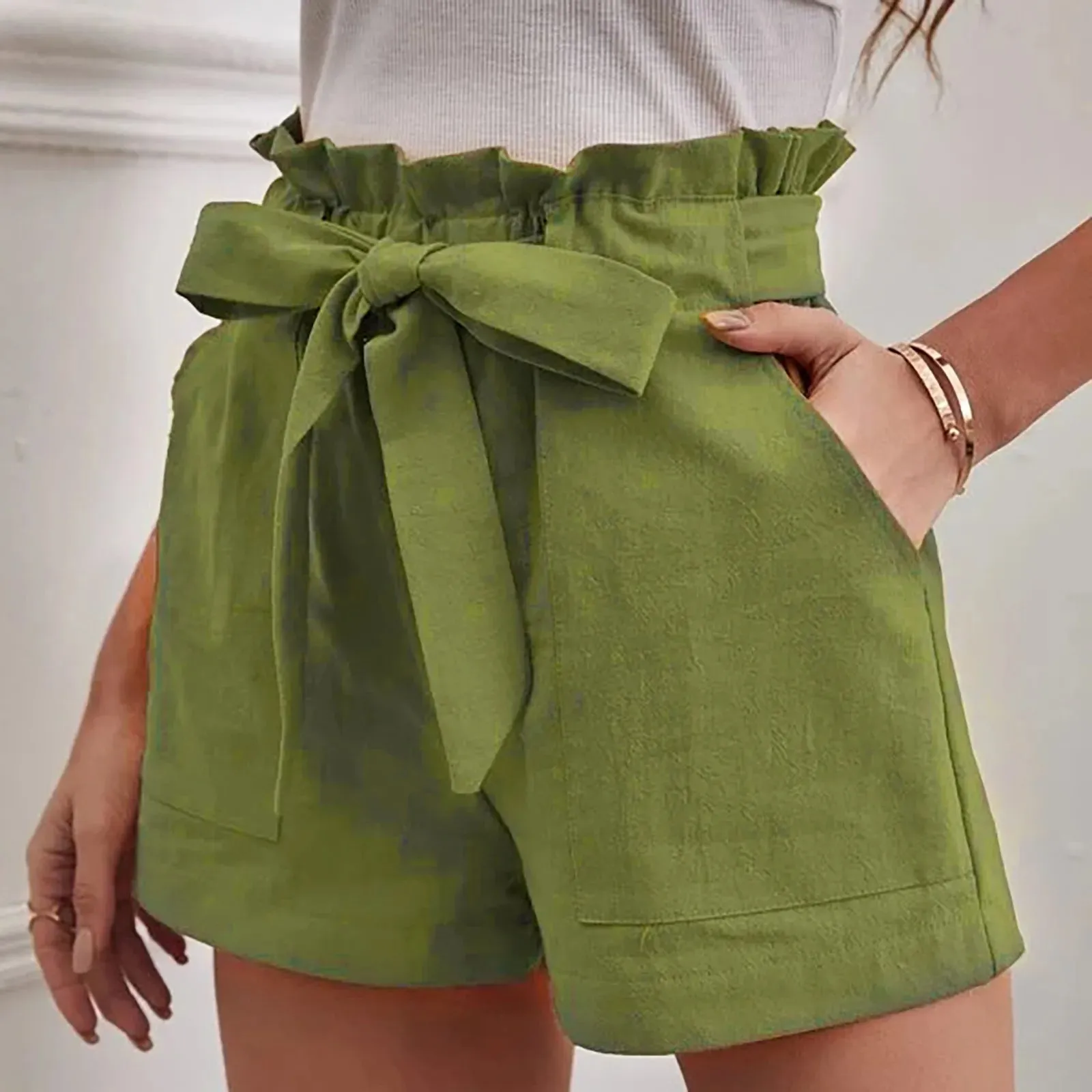 Casual Lace Up Elastic Waist Summer Shorts with Pockets