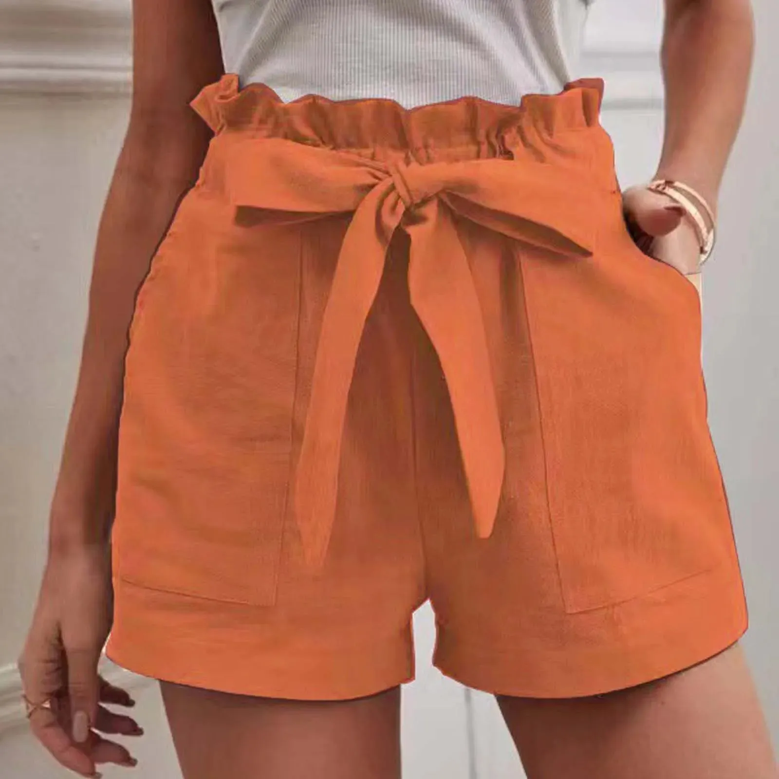 Casual Lace Up Elastic Waist Summer Shorts with Pockets