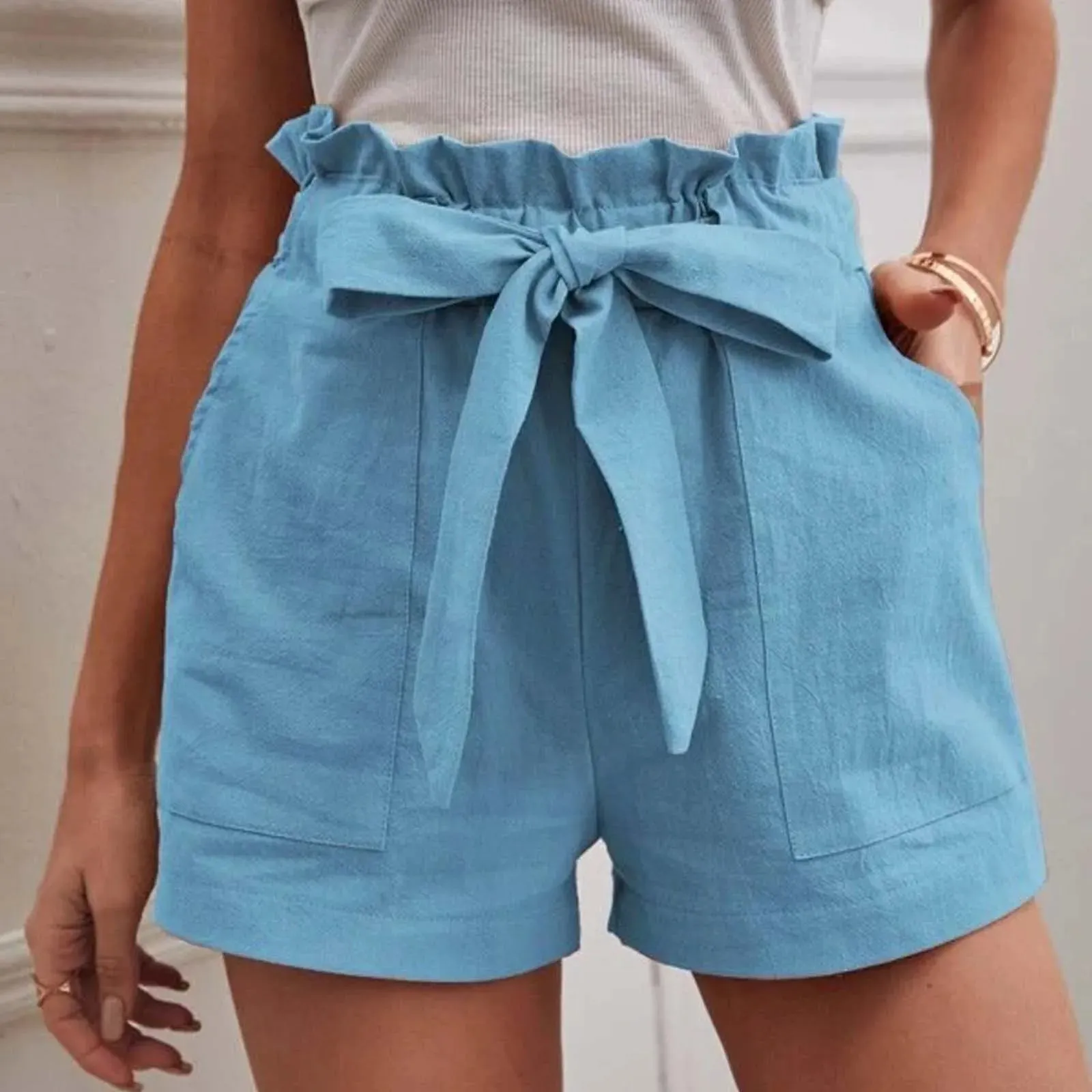 Casual Lace Up Elastic Waist Summer Shorts with Pockets