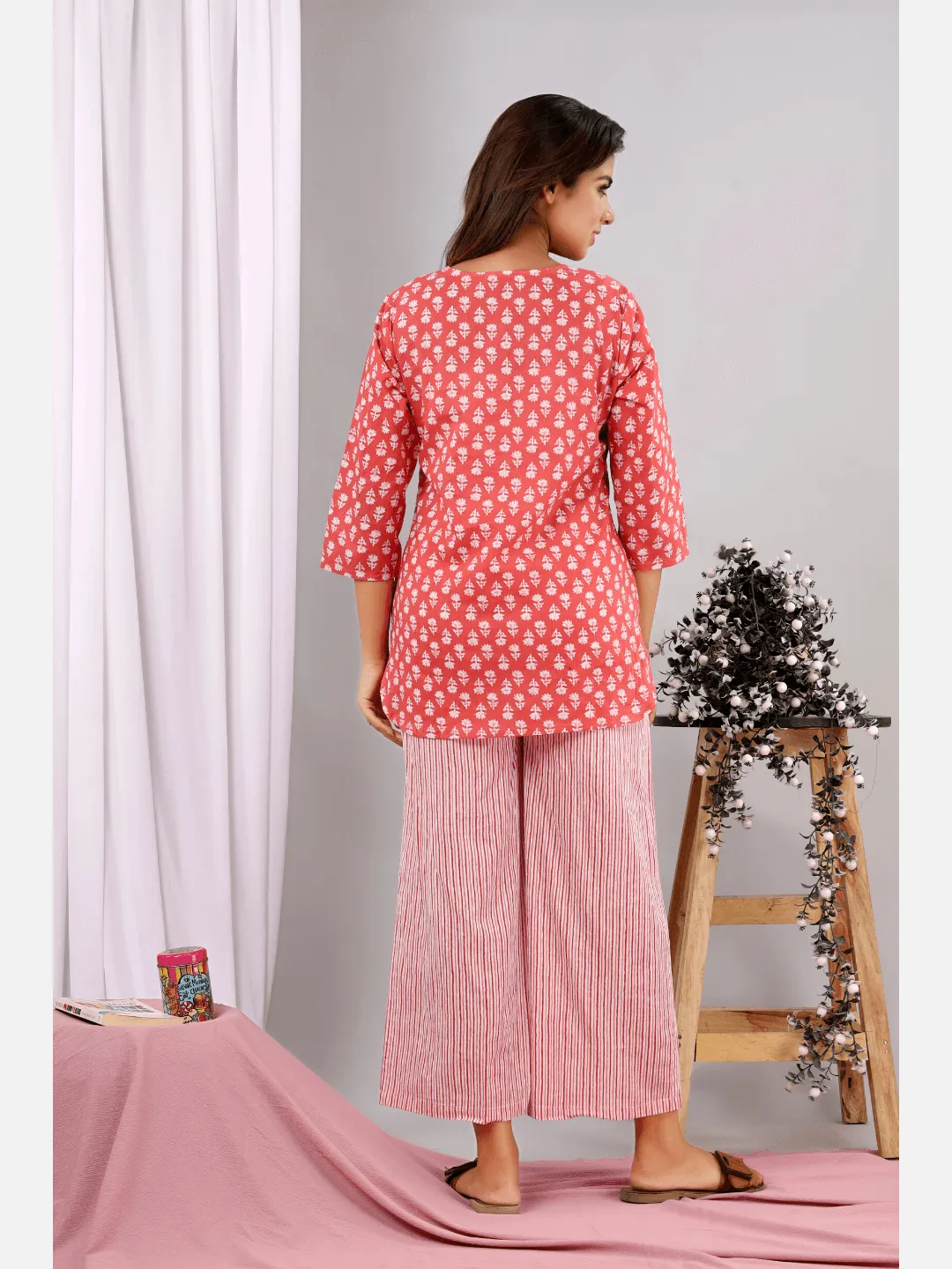 Coral Blush Block Printed cotton Lounge Wear