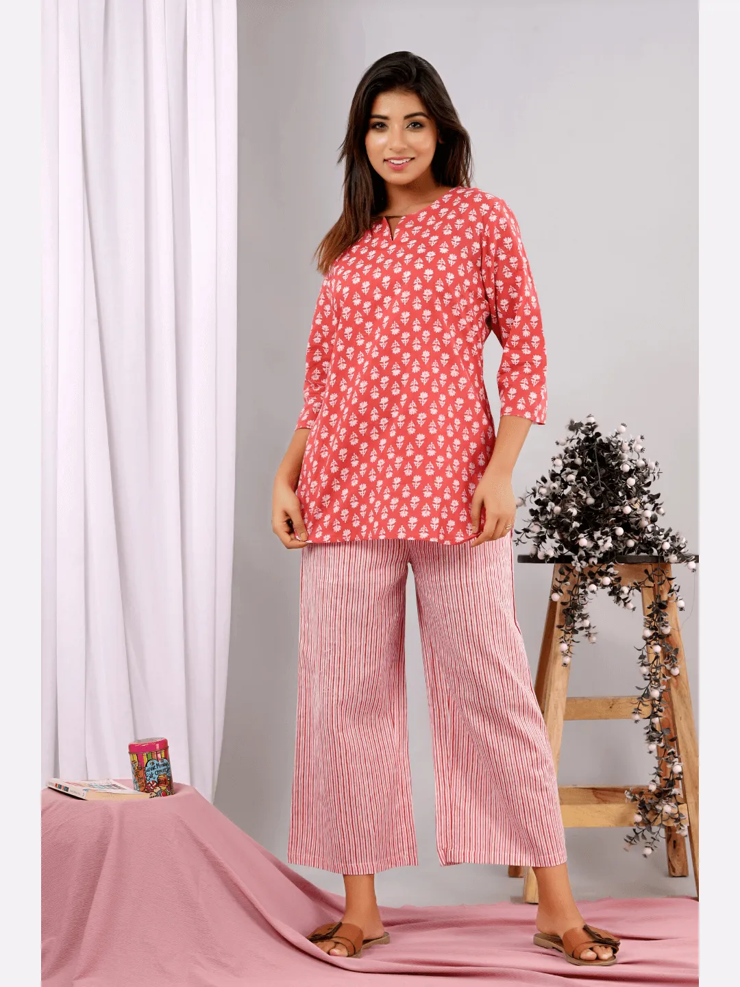 Coral Blush Block Printed cotton Lounge Wear