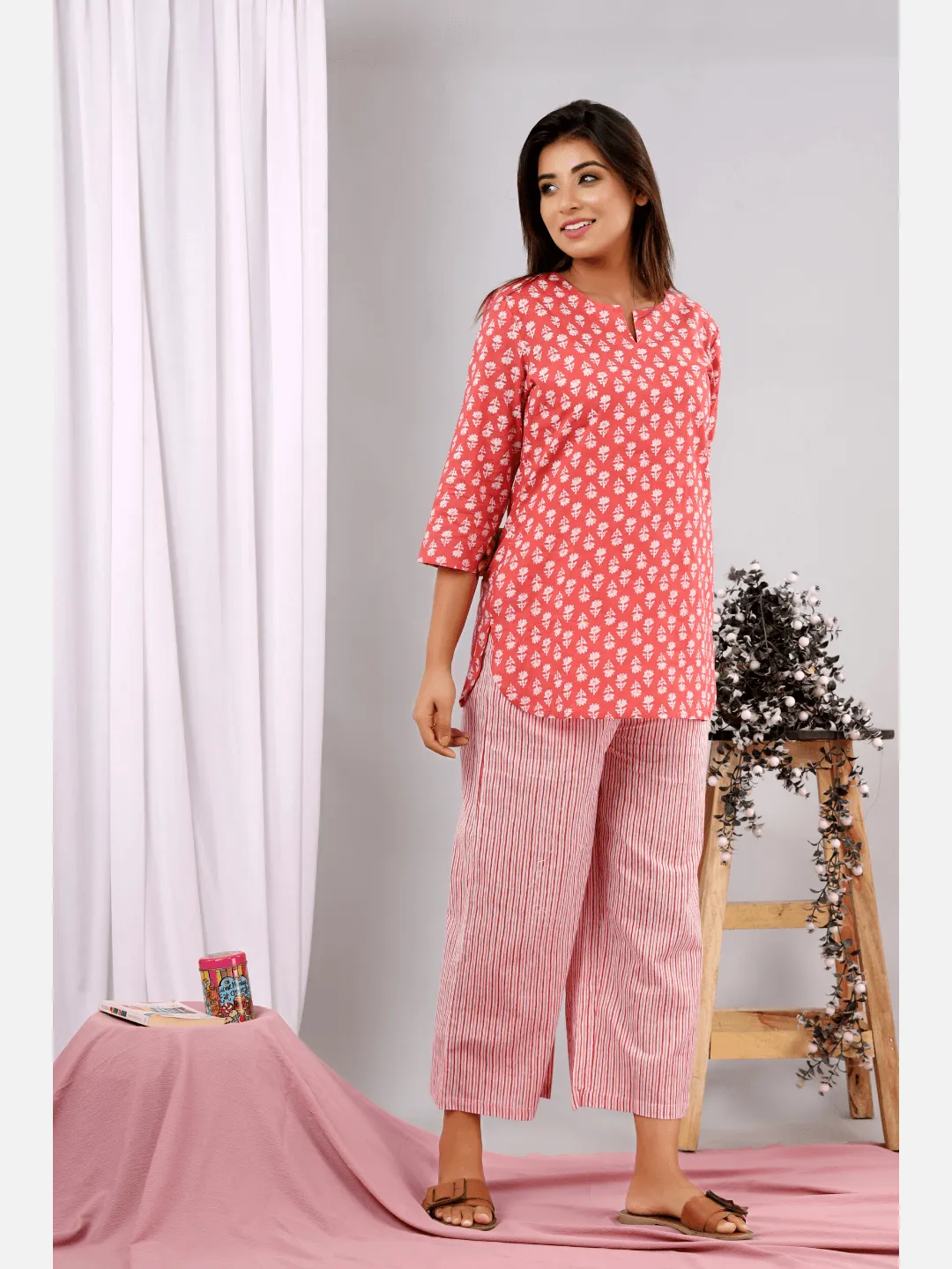 Coral Blush Block Printed cotton Lounge Wear