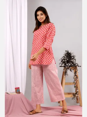 Coral Blush Block Printed cotton Lounge Wear