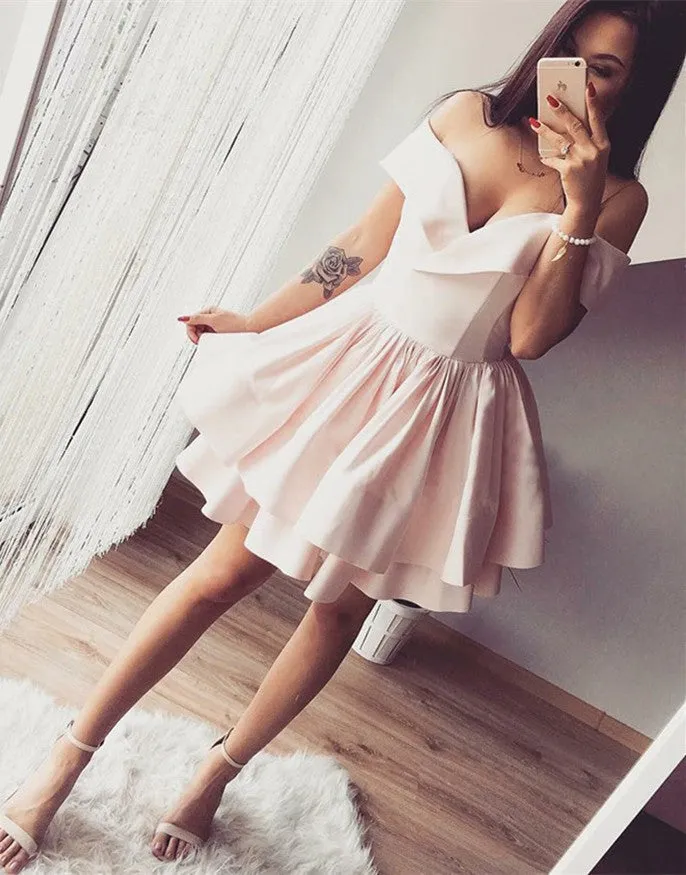 Cute Off the Shoulder Layered Pink Homecoming Short Prom, Off Shoulder Pink Formal, Evening