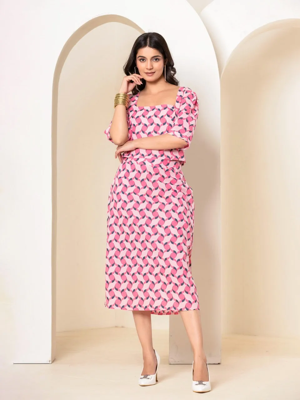 Geometrical Cherry Blossom Pink Midi Skirt Set