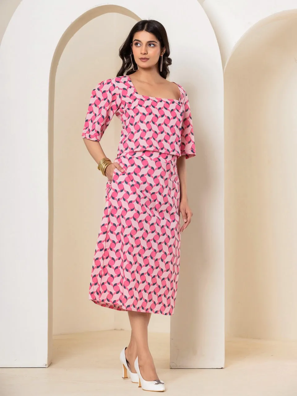 Geometrical Cherry Blossom Pink Midi Skirt Set