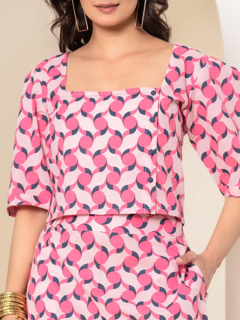 Geometrical Cherry Blossom Pink Midi Skirt Set