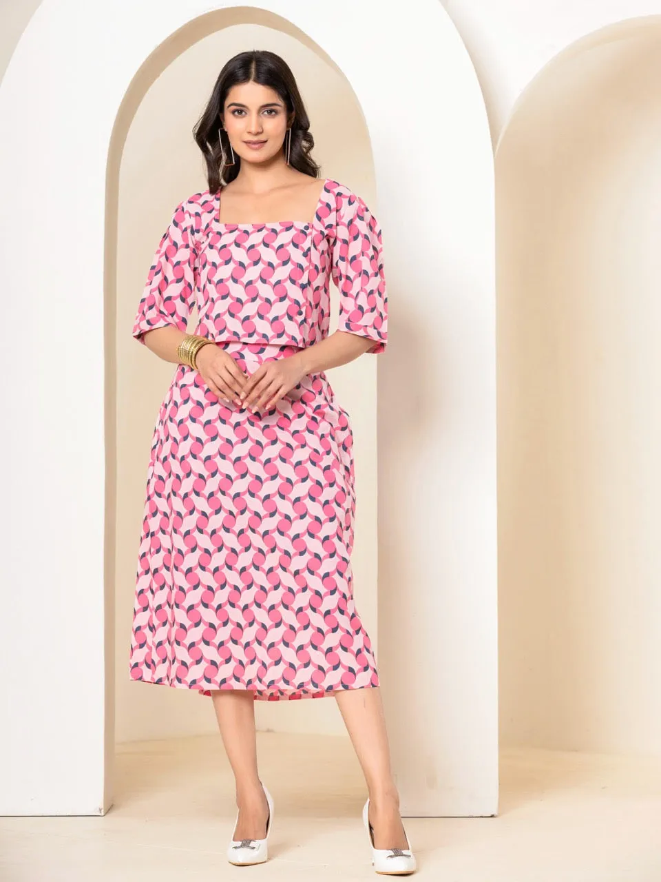 Geometrical Cherry Blossom Pink Midi Skirt Set