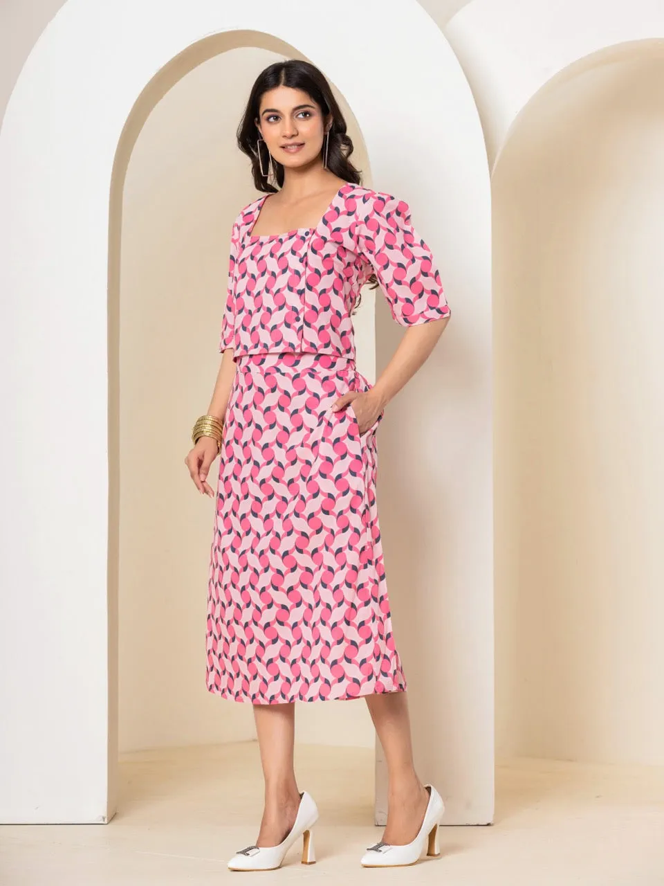 Geometrical Cherry Blossom Pink Midi Skirt Set