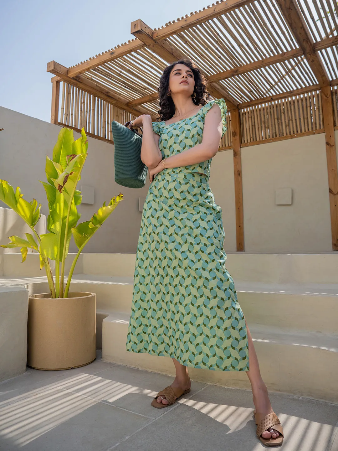 Geometrical Mint Mist Green Midi Skirt Set