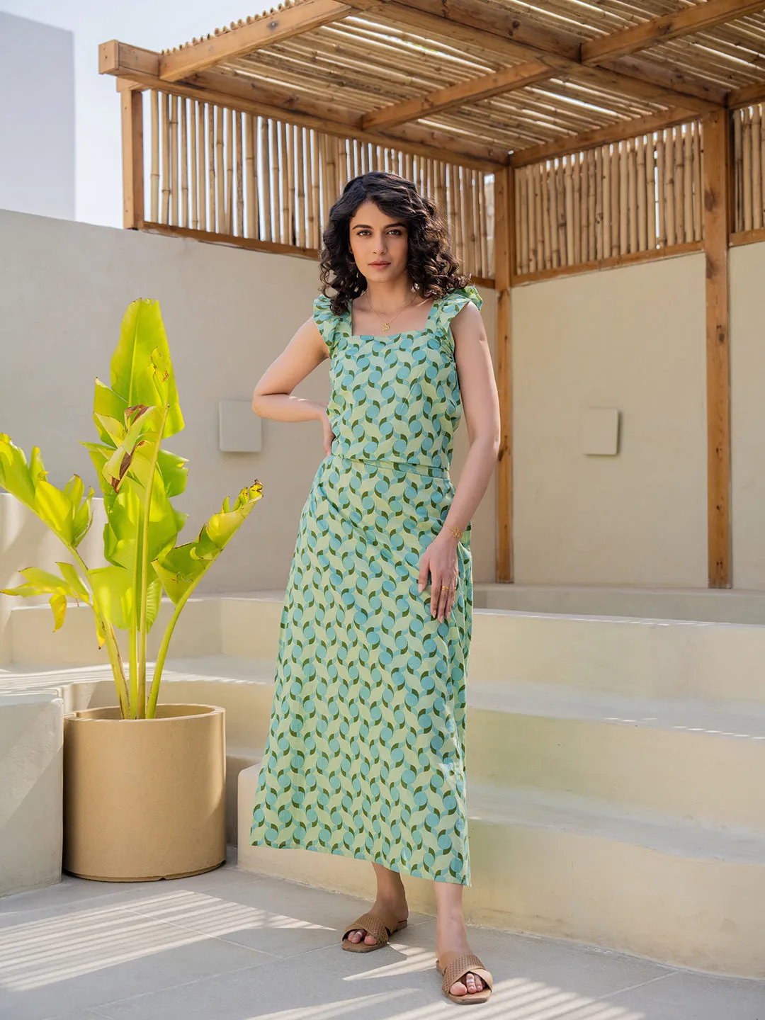 Geometrical Mint Mist Green Midi Skirt Set