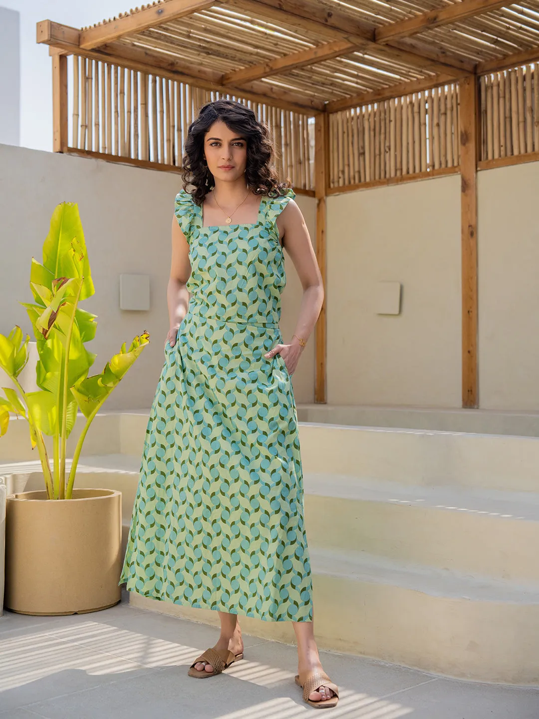 Geometrical Mint Mist Green Midi Skirt Set