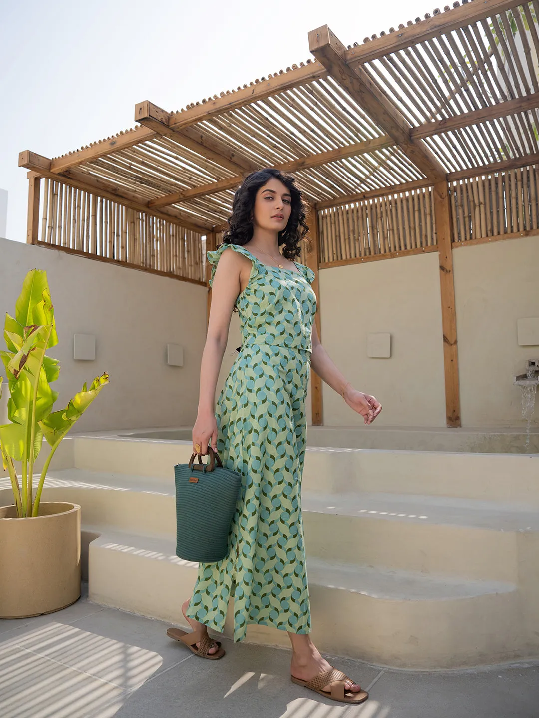 Geometrical Mint Mist Green Midi Skirt Set