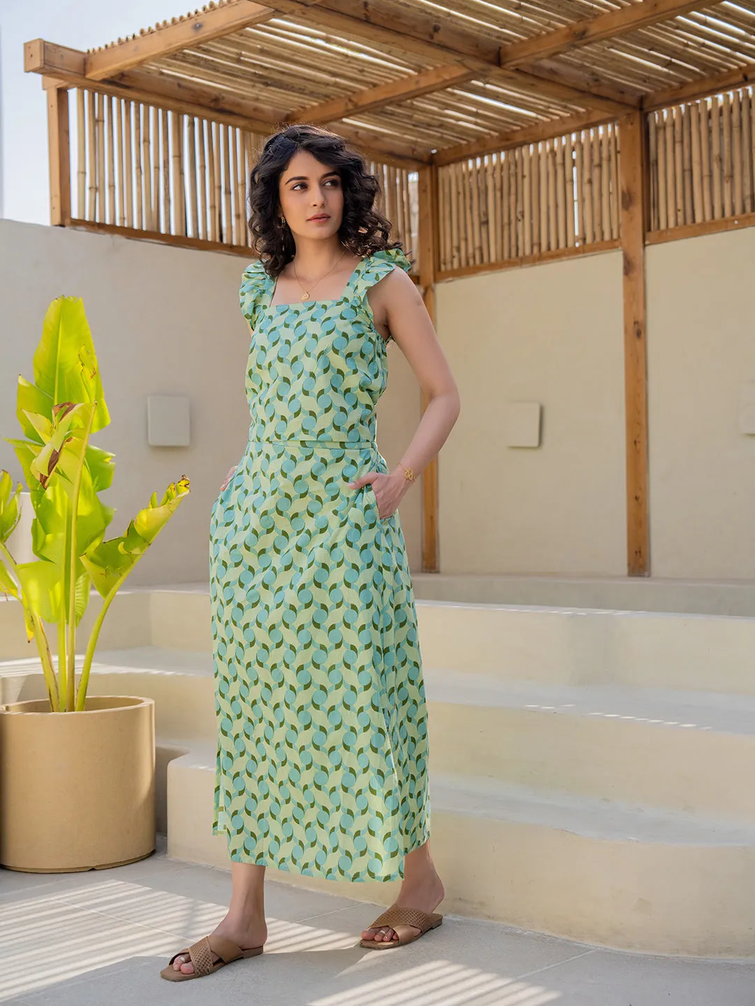 Geometrical Mint Mist Green Midi Skirt Set