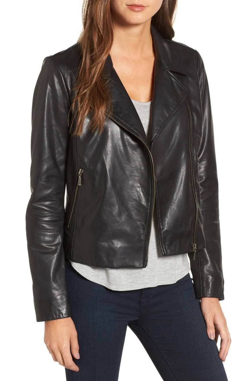 Leather Jacket Women Black Slim Fit Biker Motorcycle Lambskin Leather Jacket