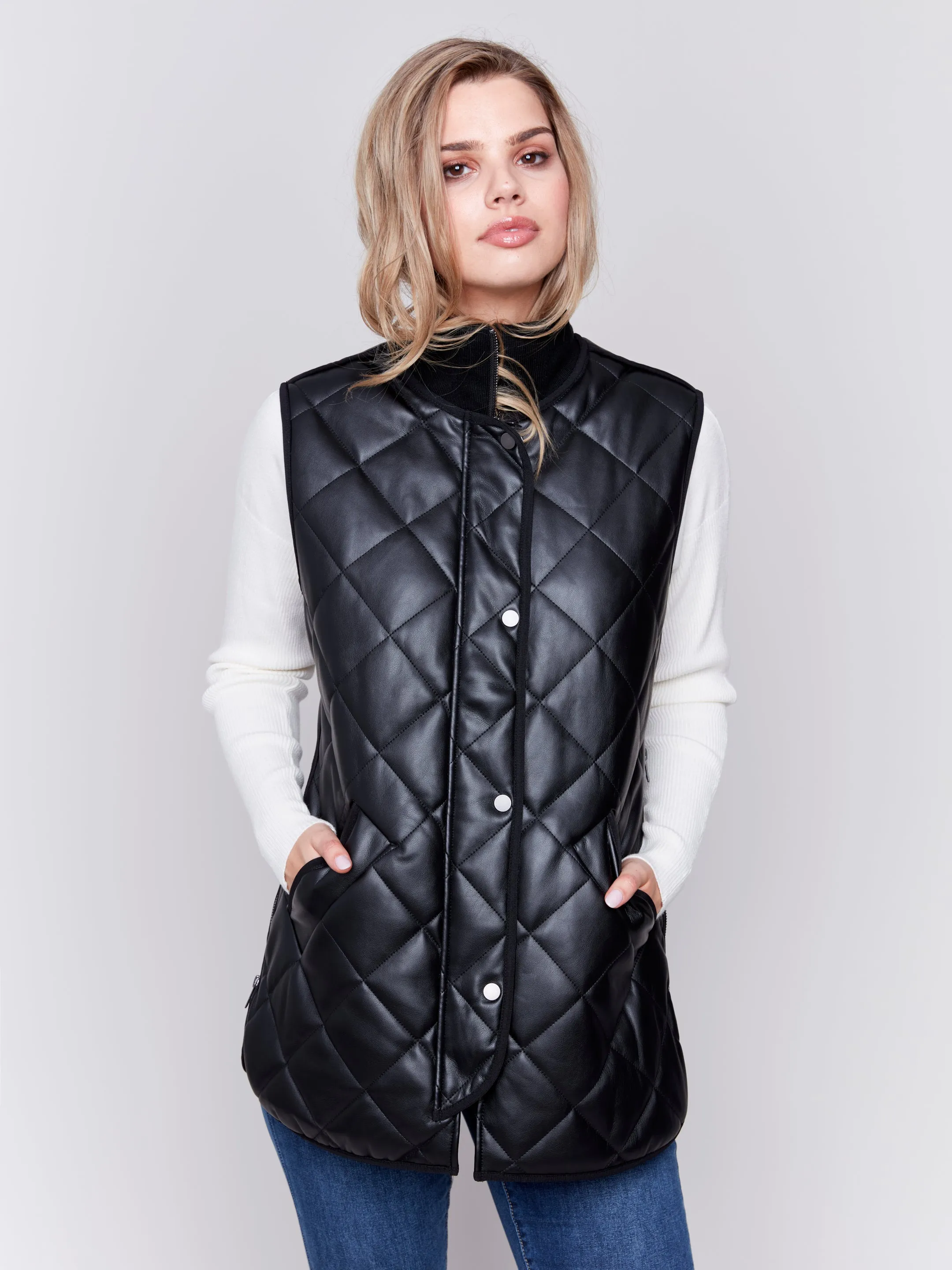 Long Quilted Faux Leather Vest