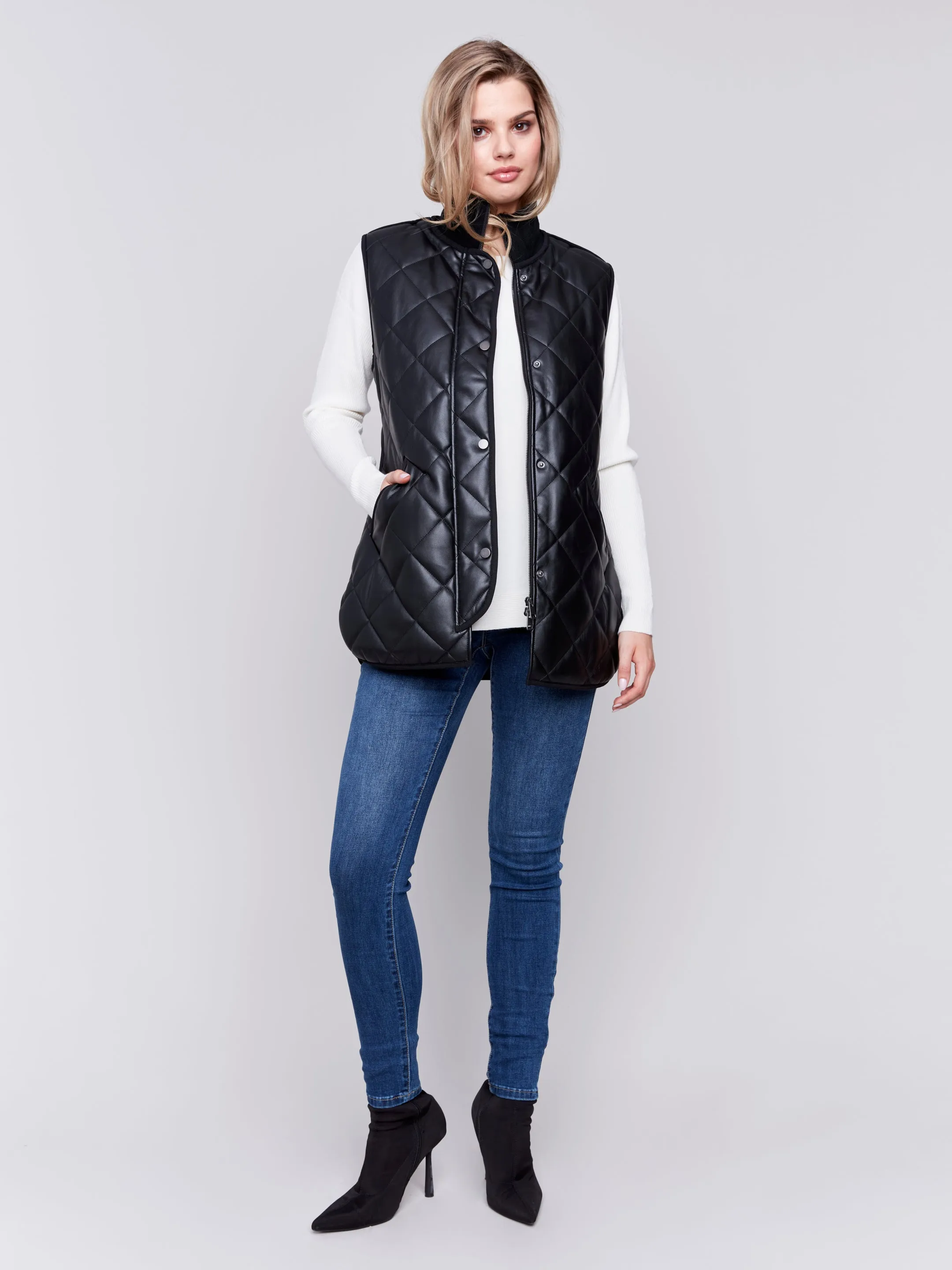 Long Quilted Faux Leather Vest