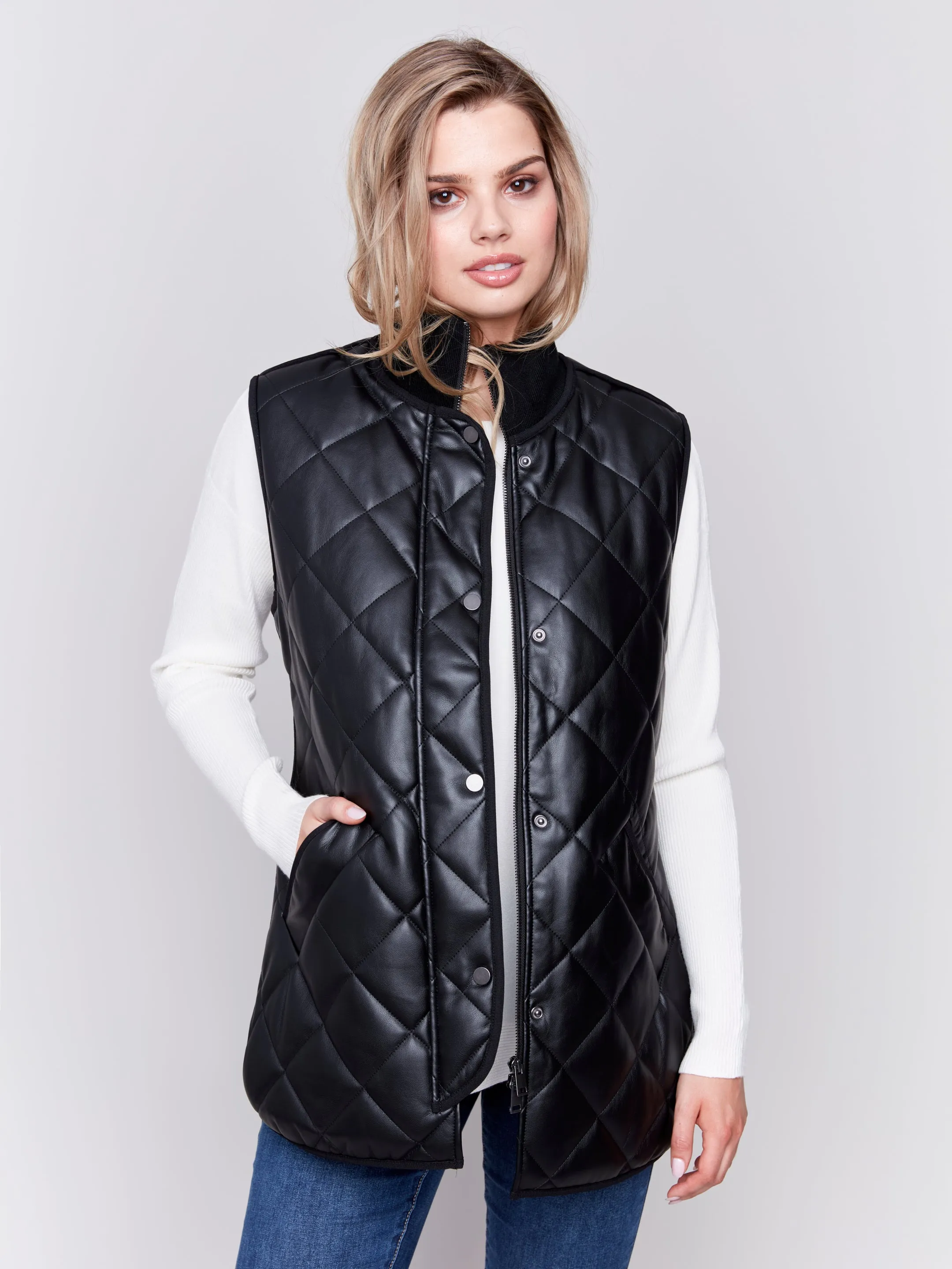 Long Quilted Faux Leather Vest