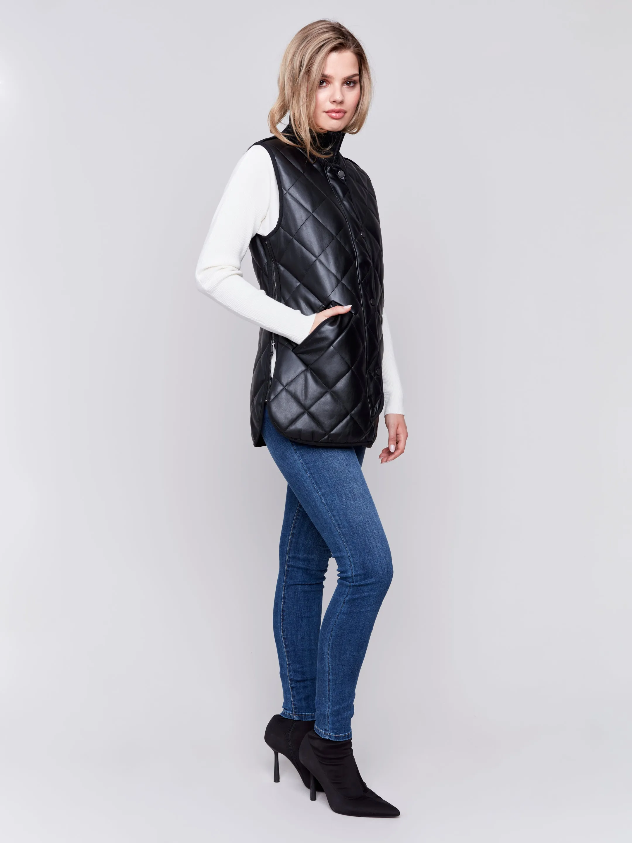 Long Quilted Faux Leather Vest