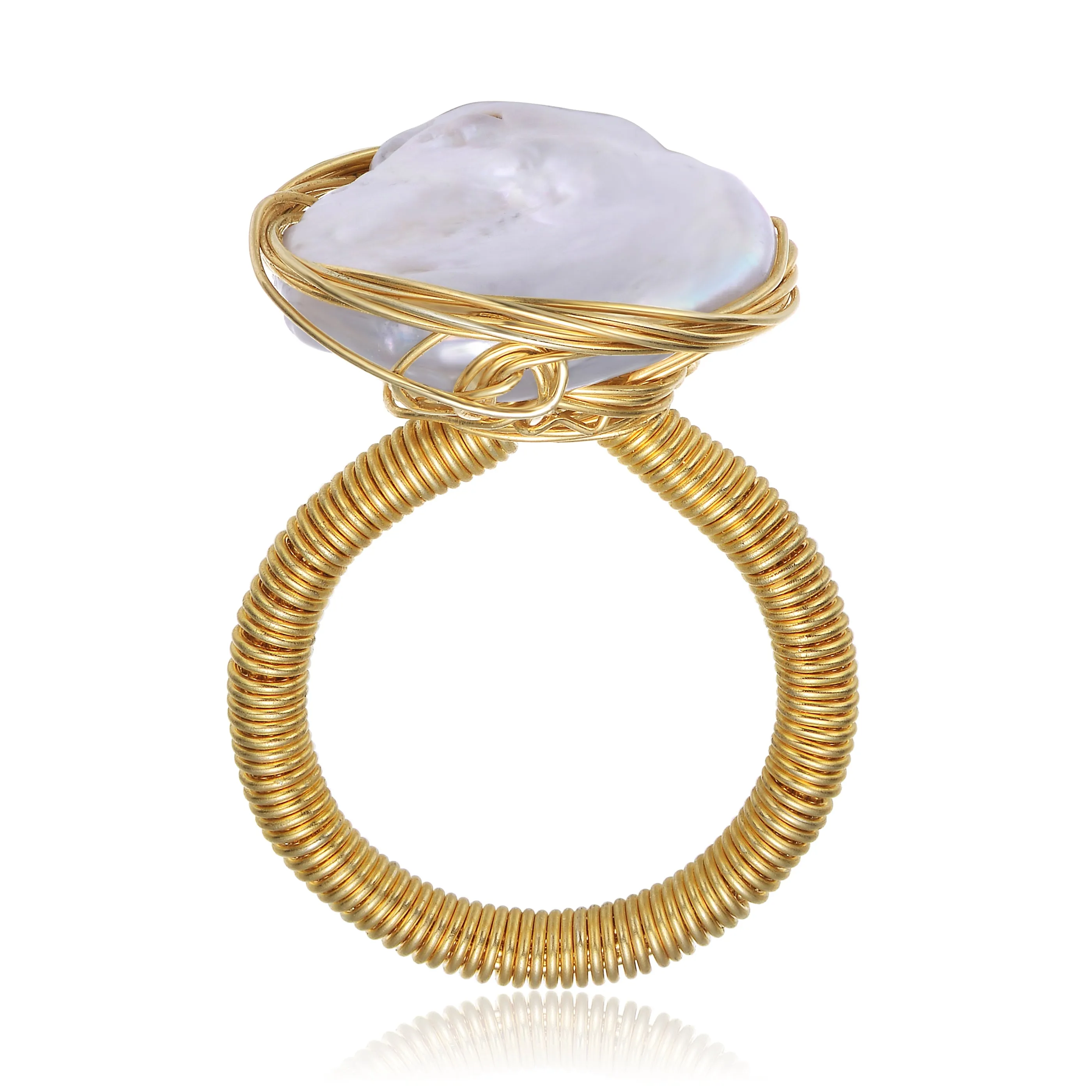 Modern Sterling Silver Gold Plated 21-22MM Genuine Freshwater Baroque Pearl Ring