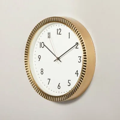 New - 14" Pleated Brass Round Analog Wall Clock Antique Finish - Hearth & Hand with Magnolia