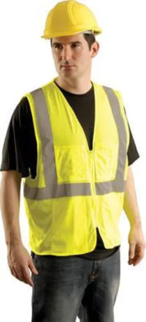 OccuNomix Large - X-Large Yellow OccuLux Lightweight Mesh Class 2 Economy Surveyor's Vest With Zipper Front Closure, 2" Silver Reflective Tape Striping And 12 Pockets