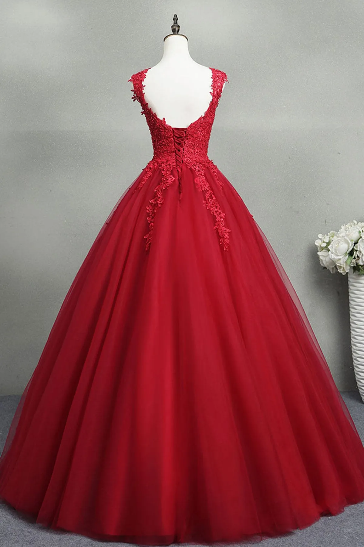 Open Back Red Lace Long Prom Dress, Red Lace Formal Evening Dress, Red Ball Gown A1753