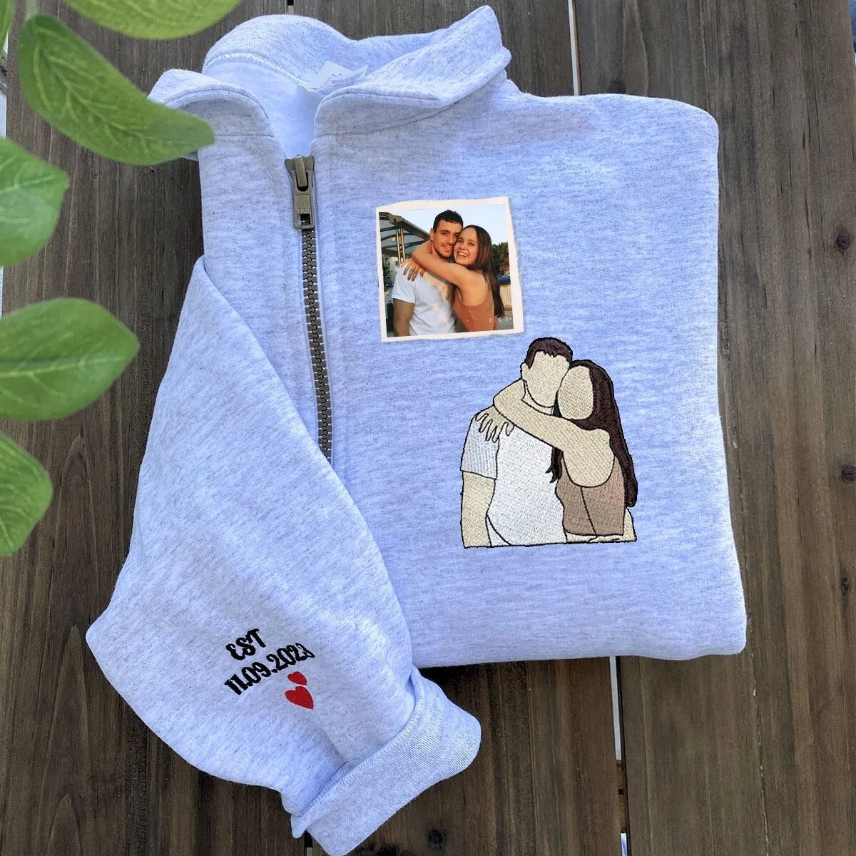 Personalized Gift for Him Her, Custom Embroidered Matching Zip Up Hoodies with Photo For Couples