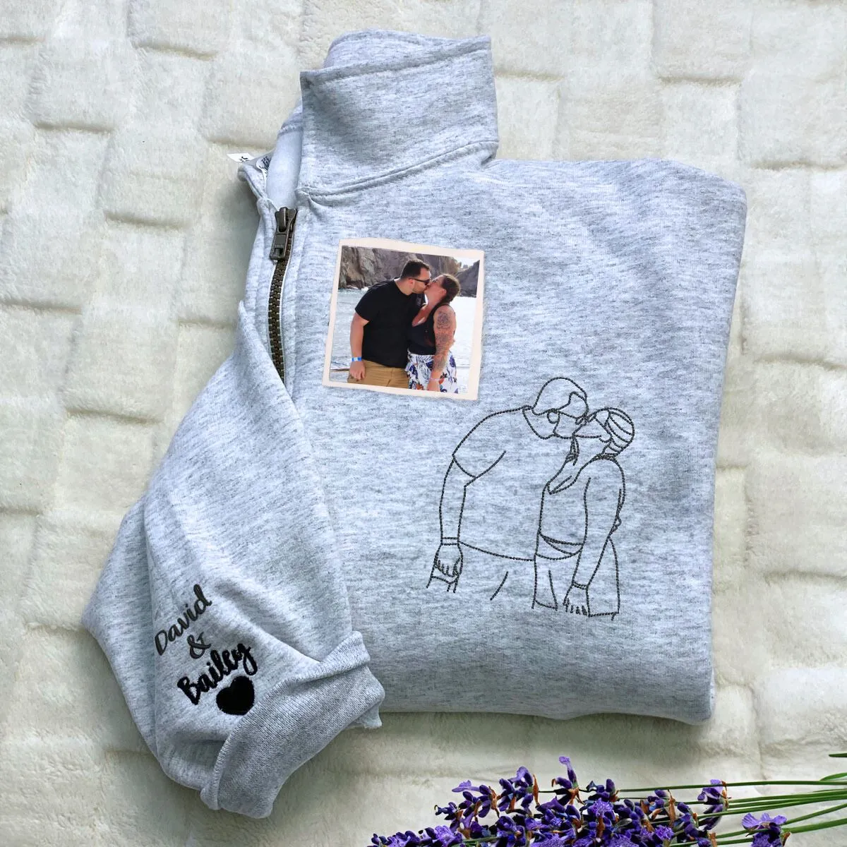 Personalized Gift for Him Her, Custom Embroidered Matching Zip Up Hoodies with Photo For Couples