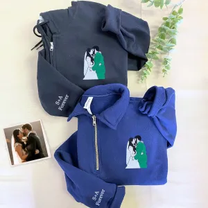 Personalized Gift for Him Her, Custom Embroidered Matching Zip Up Hoodies with Photo For Couples