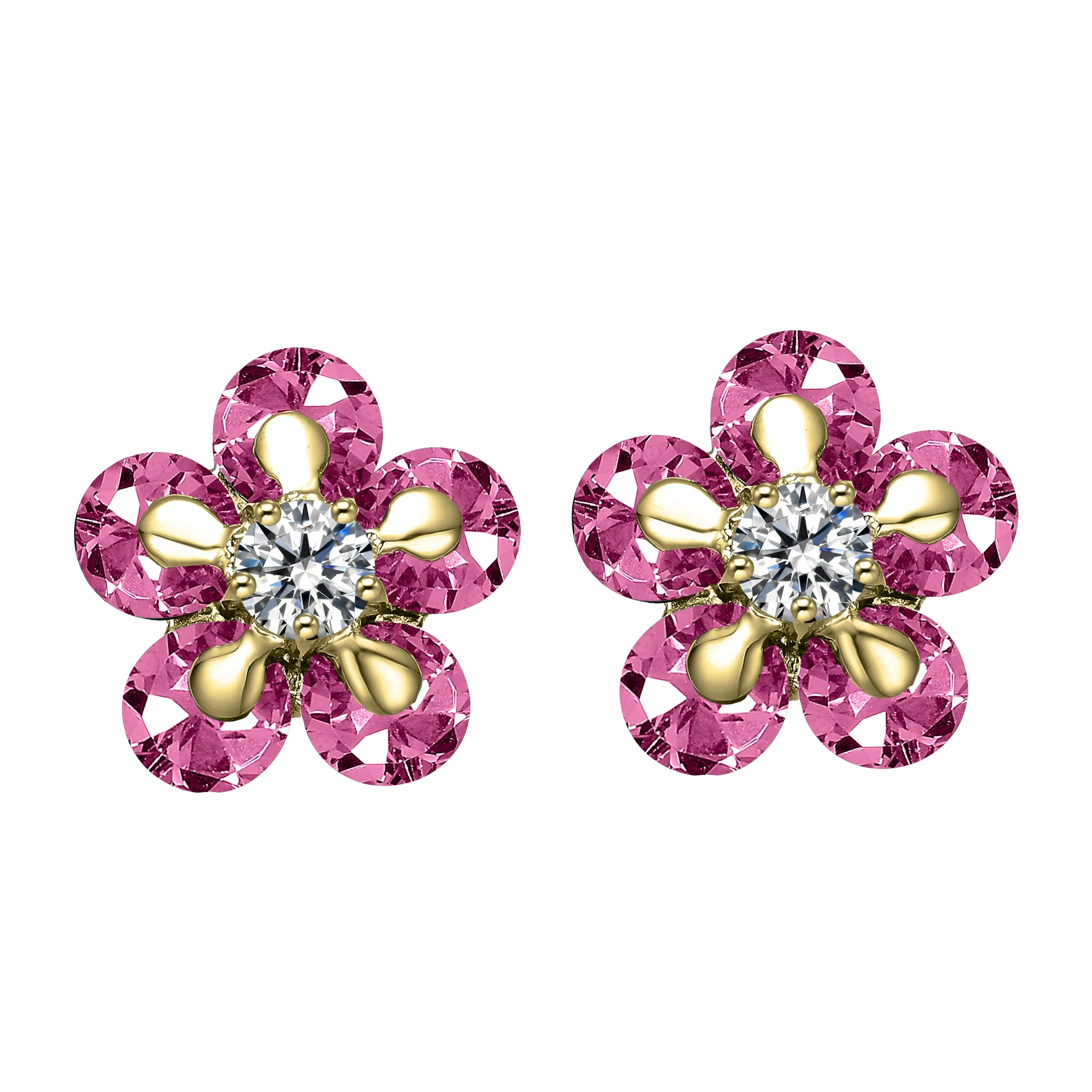 Pink Bloom Gold Sterling Silver Cubic Zirconia Stud Earrings