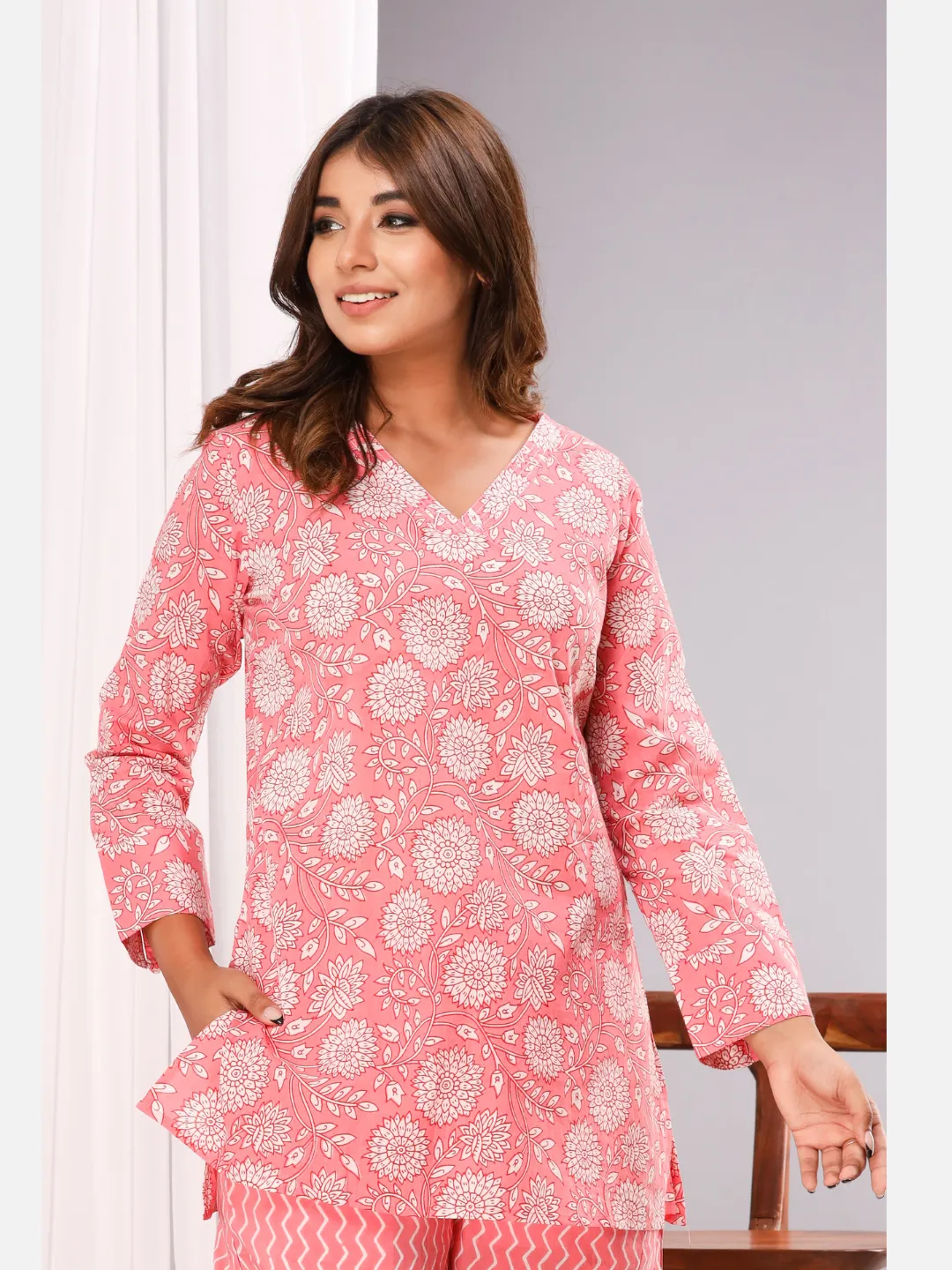 Sand Pink Pure Cotton V neck Kurta