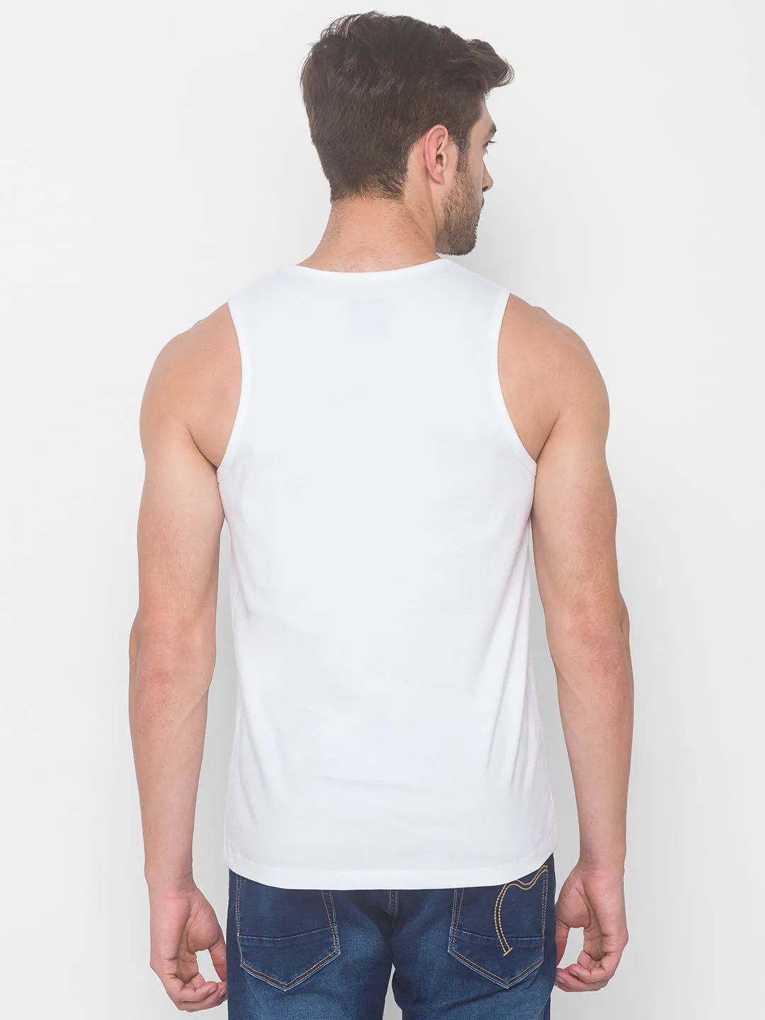 Spykar Men White Cotton Slim Fit Round Neck Sleeveless Vest